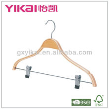 Laminated wooden shirt hanger with notches and metal clips for trousers